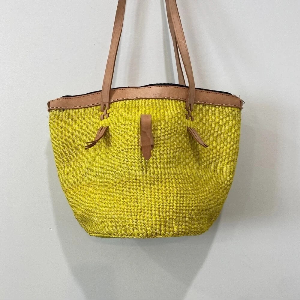 Genuine Leather and Bright Golden Yellow Woven Sisal Tote Bag Made in Britain